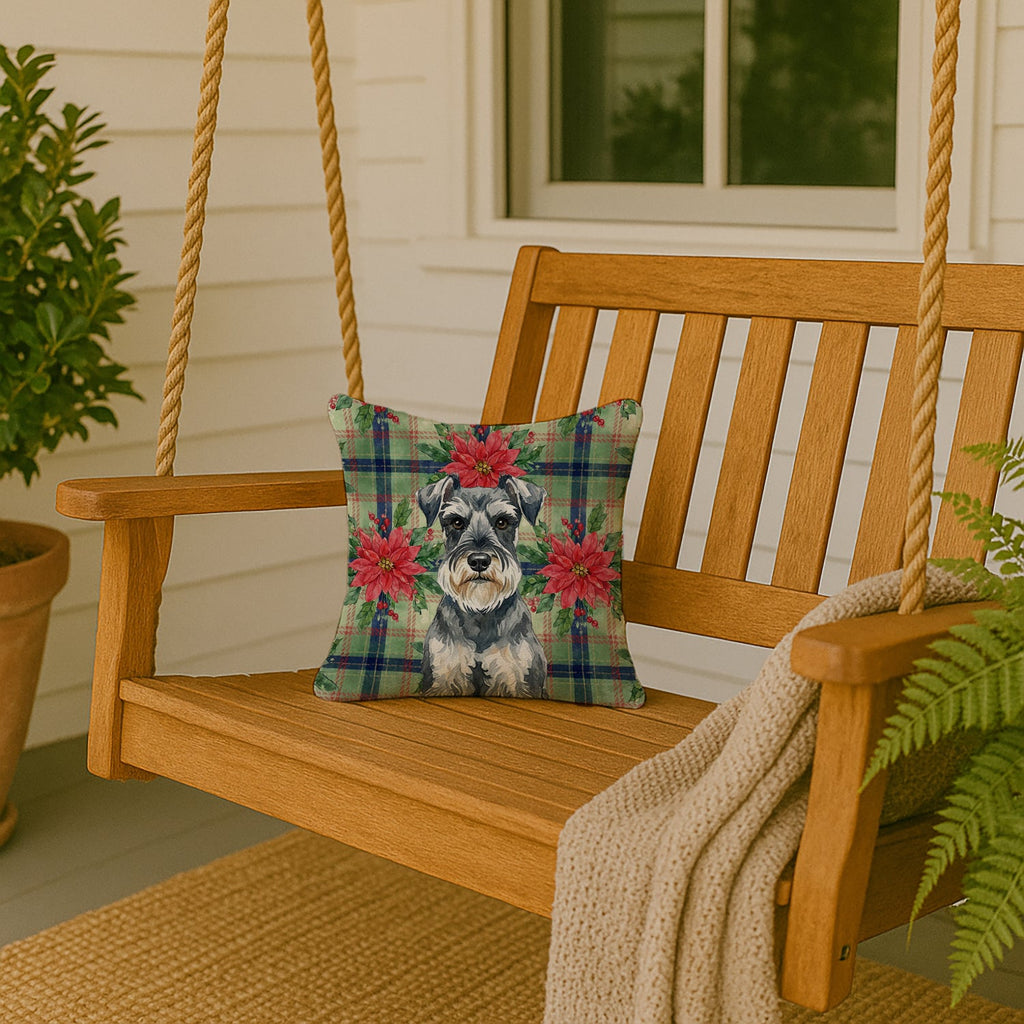 Schnauzer Christmas PoinsettIas Decorative Throw Pillow 14x14 Indoor Outdoor Accent Cushion, Fabric Cover with Insert for Sofa, Bed, Porch & Living Room