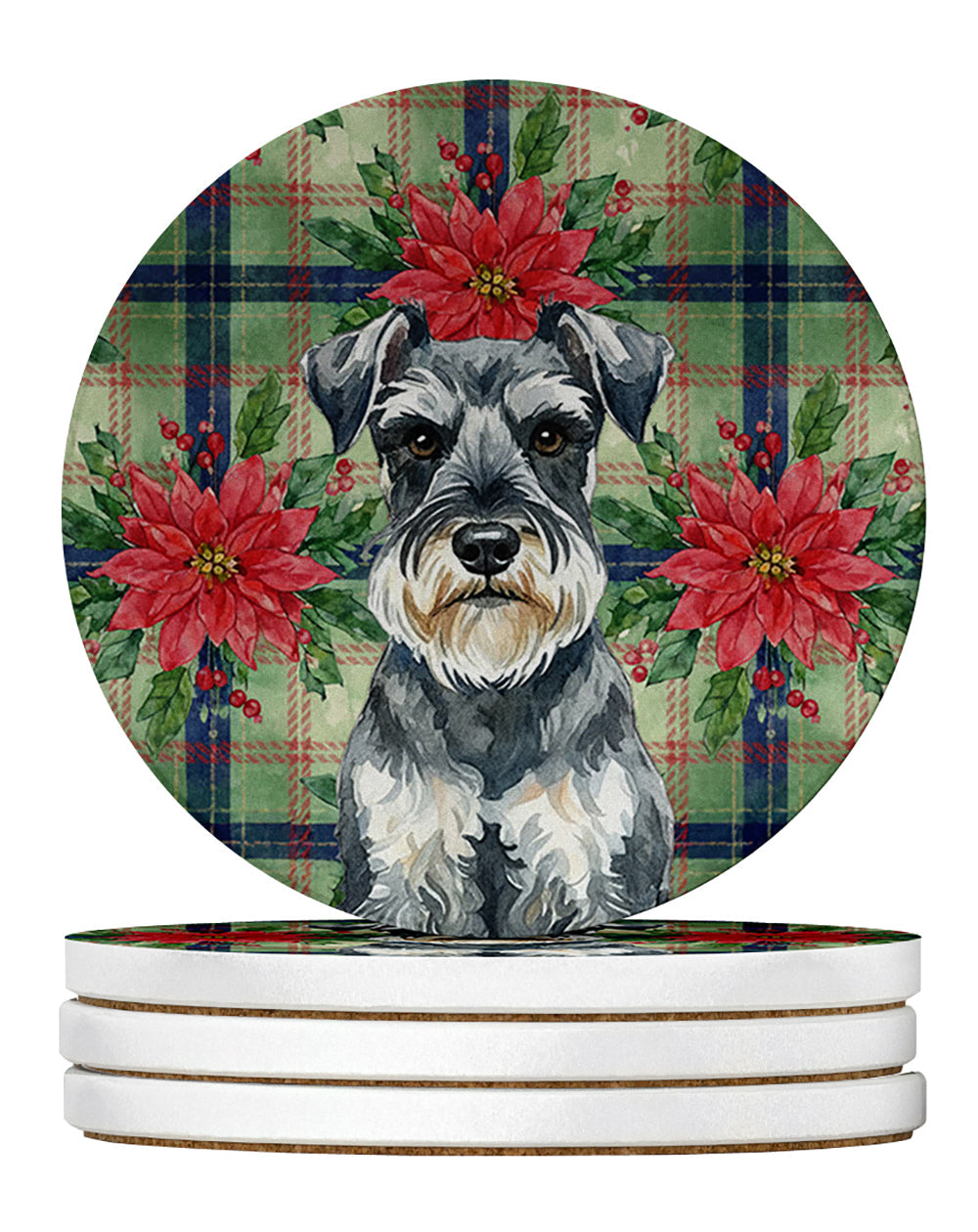 Schnauzer Christmas PoinsettIas Large Sandstone Coasters Pack of 4 Absorbent Round Coasters Decor Gifts for Men or Women, 4 in, Multicolor