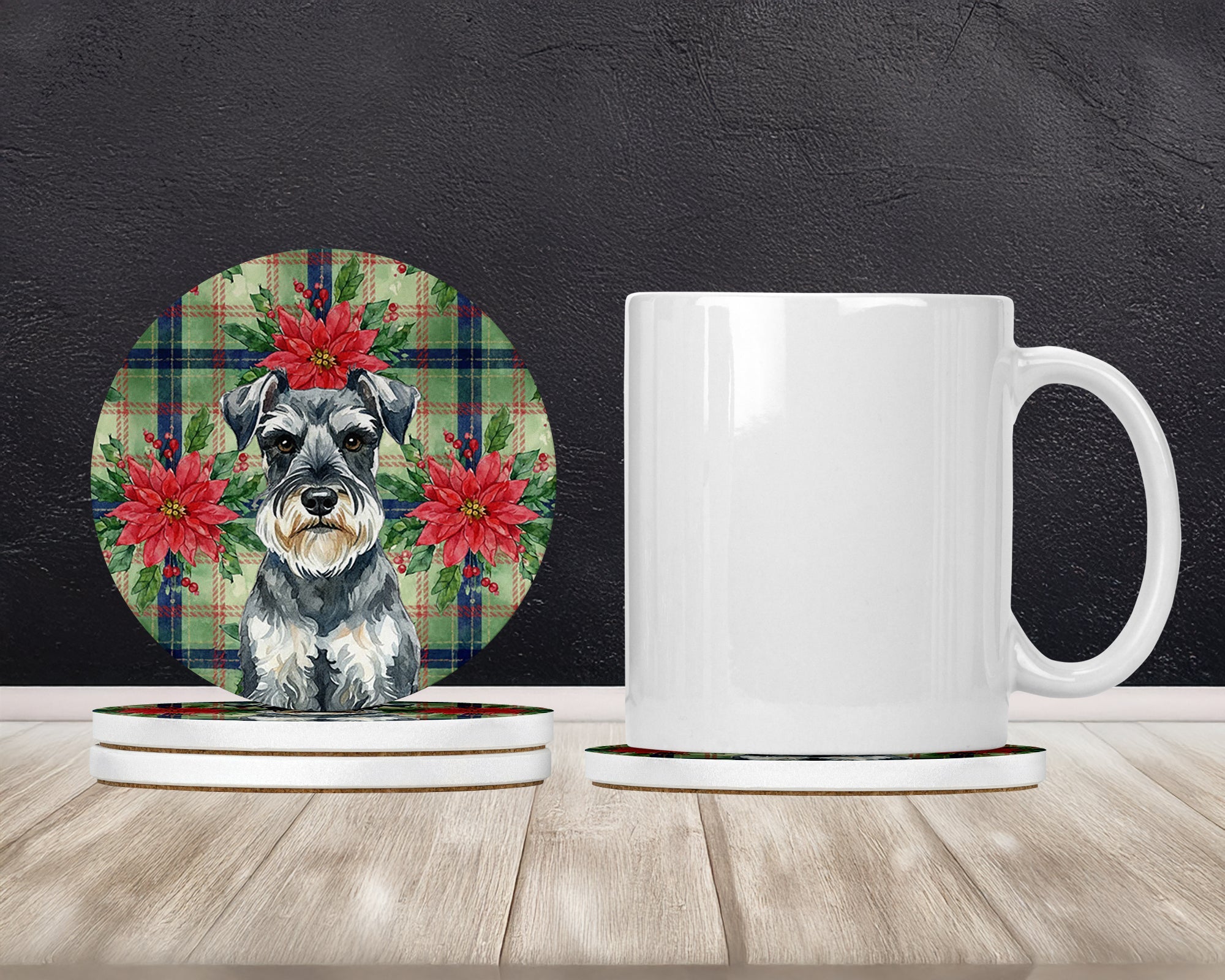 Schnauzer Christmas PoinsettIas Large Sandstone Coasters Pack of 4 Absorbent Round Coasters Decor Gifts for Men or Women, 4 in, Multicolor