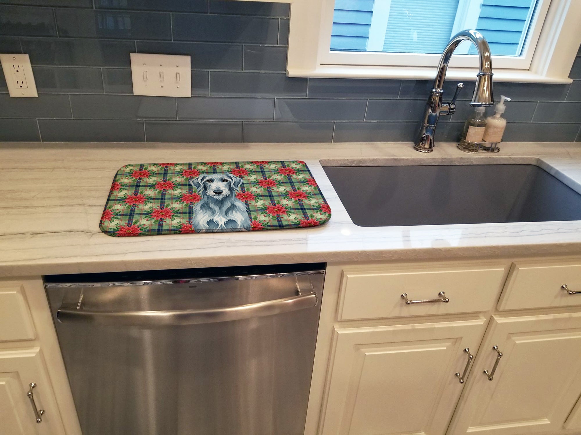 Blue-Gray Scottish Deerhound Christmas PoinsettIas Dish Drying Mat Absorbent Dish Drying Mat Pad for Kitchen Counter Dish Drainer Mat for Countertop, 14 x 21", Multicolor