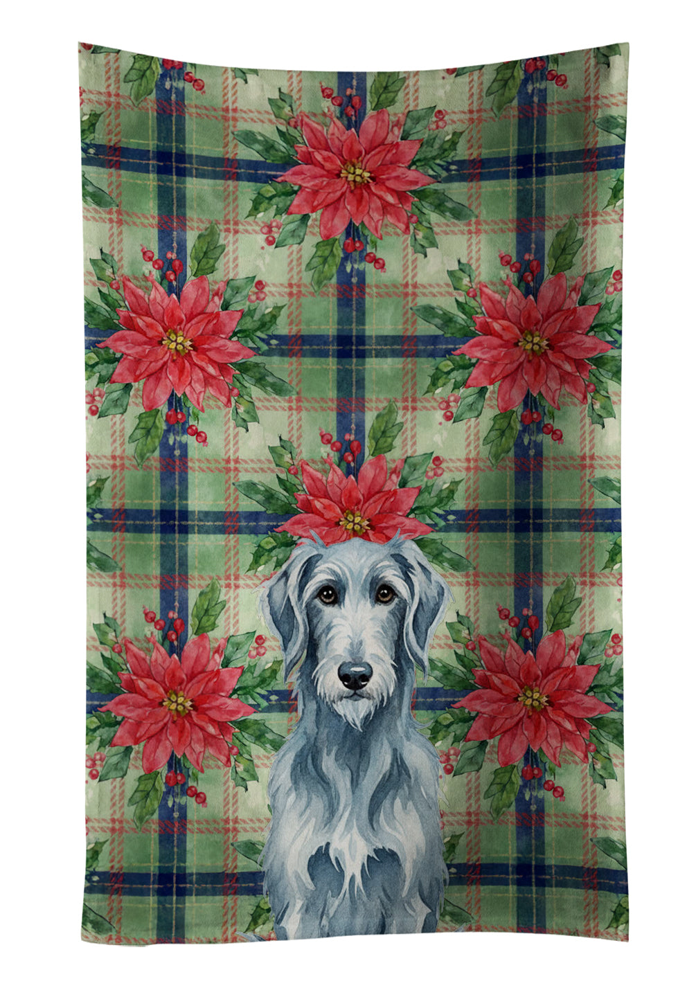 Blue-Gray Scottish Deerhound Christmas PoinsettIas Kitchen Towel Velour Plush Front and Cotton Loop Back Machine Washable
