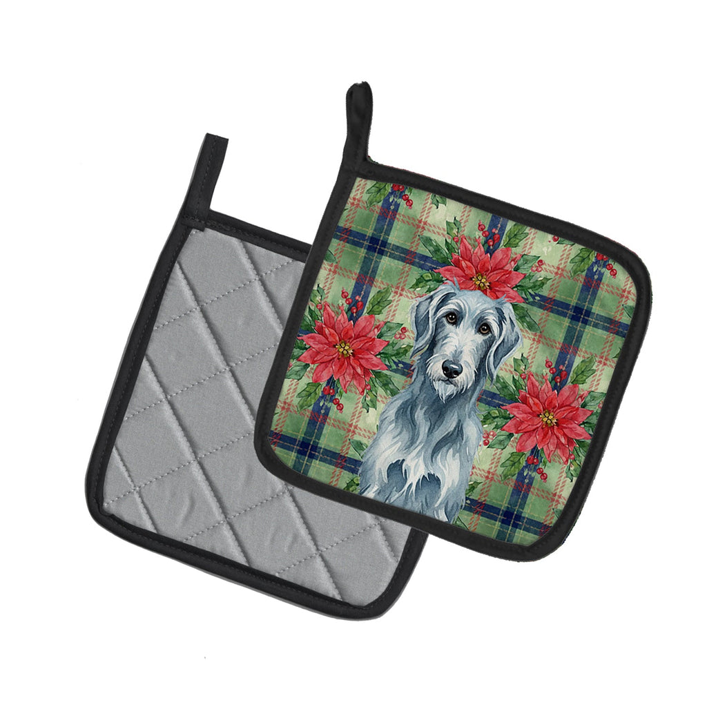 Blue-Gray Scottish Deerhound Christmas PoinsettIas Pot Holder Set of 2 Heat Resistant Quilted Hot Pads 7.5 x 7.5 Inch, Insulated Kitchen Trivets for Cooking & Baking