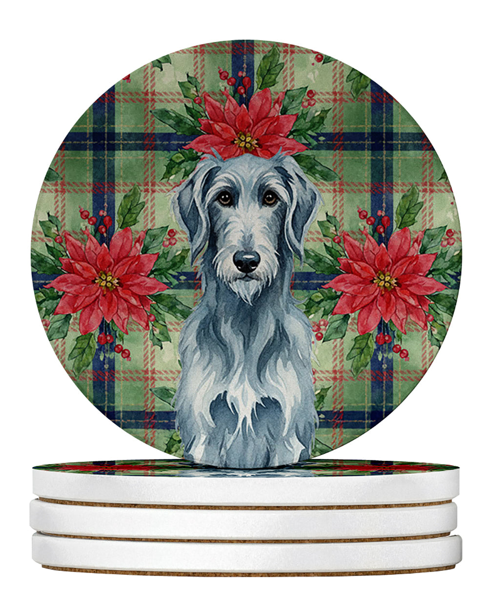 Blue-Gray Scottish Deerhound Christmas PoinsettIas Large Sandstone Coasters Pack of 4 Absorbent Round Coasters Decor Gifts for Men or Women, 4 in, Multicolor