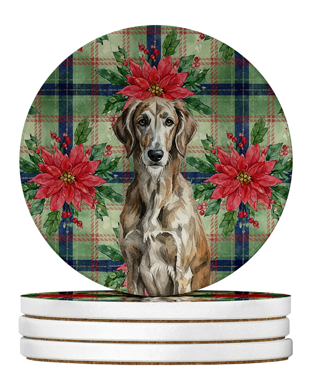 Brindle Scottish Deerhound Christmas PoinsettIas Large Sandstone Coasters Pack of 4 Absorbent Round Coasters Decor Gifts for Men or Women, 4 in, Multicolor