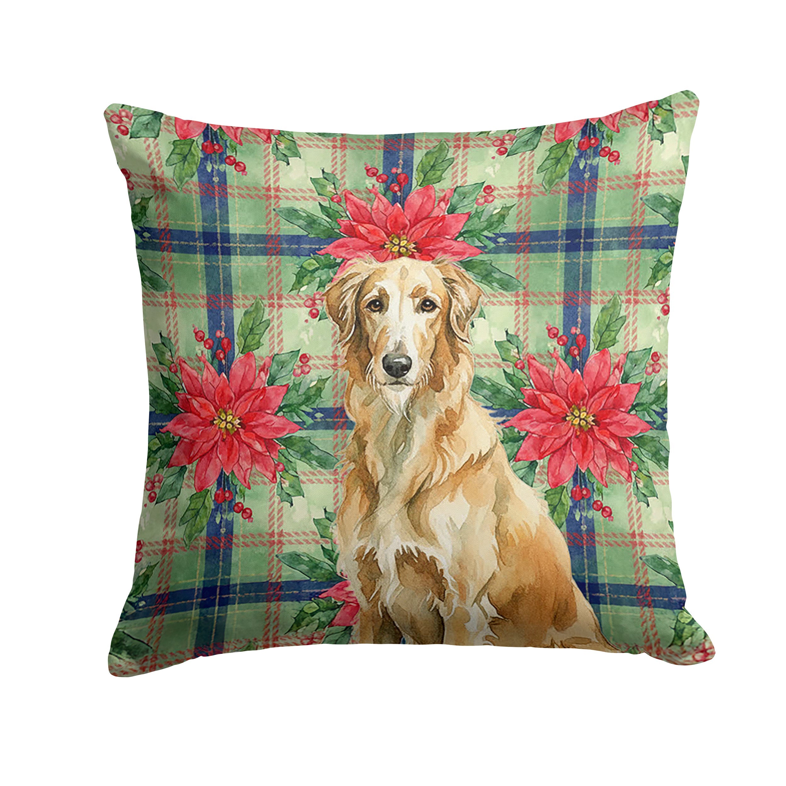 Wheaten Scottish Deerhound Christmas PoinsettIas Decorative Throw Pillow 14x14 Indoor Outdoor Accent Cushion, Fabric Cover with Insert for Sofa, Bed, Porch & Living Room
