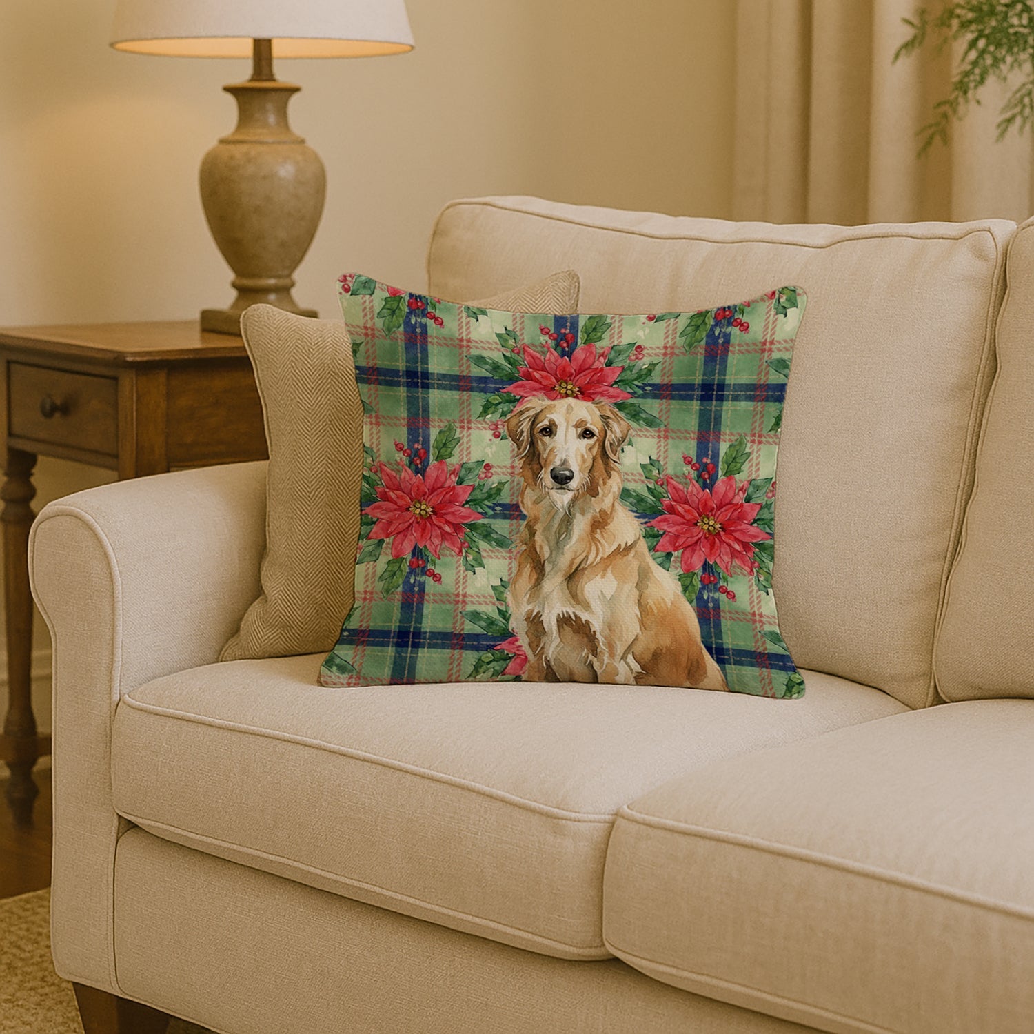 Wheaten Scottish Deerhound Christmas PoinsettIas Decorative Throw Pillow 14x14 Indoor Outdoor Accent Cushion, Fabric Cover with Insert for Sofa, Bed, Porch & Living Room