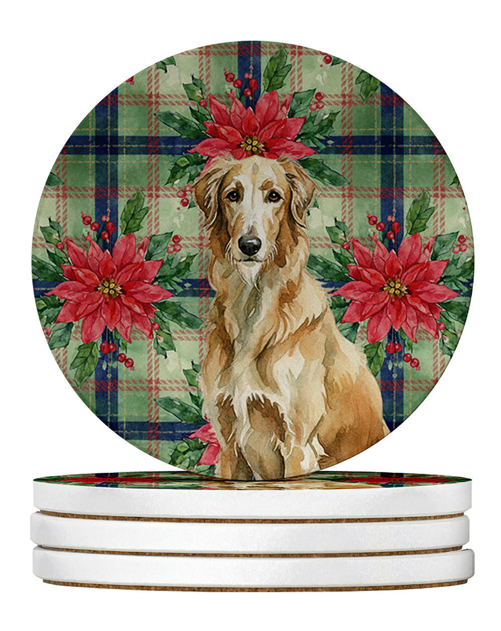 Wheaten Scottish Deerhound Christmas PoinsettIas Large Sandstone Coasters Pack of 4 Absorbent Round Coasters Decor Gifts for Men or Women, 4 in, Multicolor