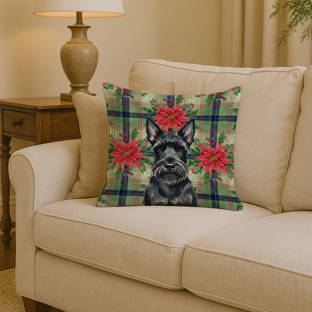 Scottish Terrier Christmas PoinsettIas Decorative Throw Pillow 14x14 Indoor Outdoor Accent Cushion, Fabric Cover with Insert for Sofa, Bed, Porch & Living Room