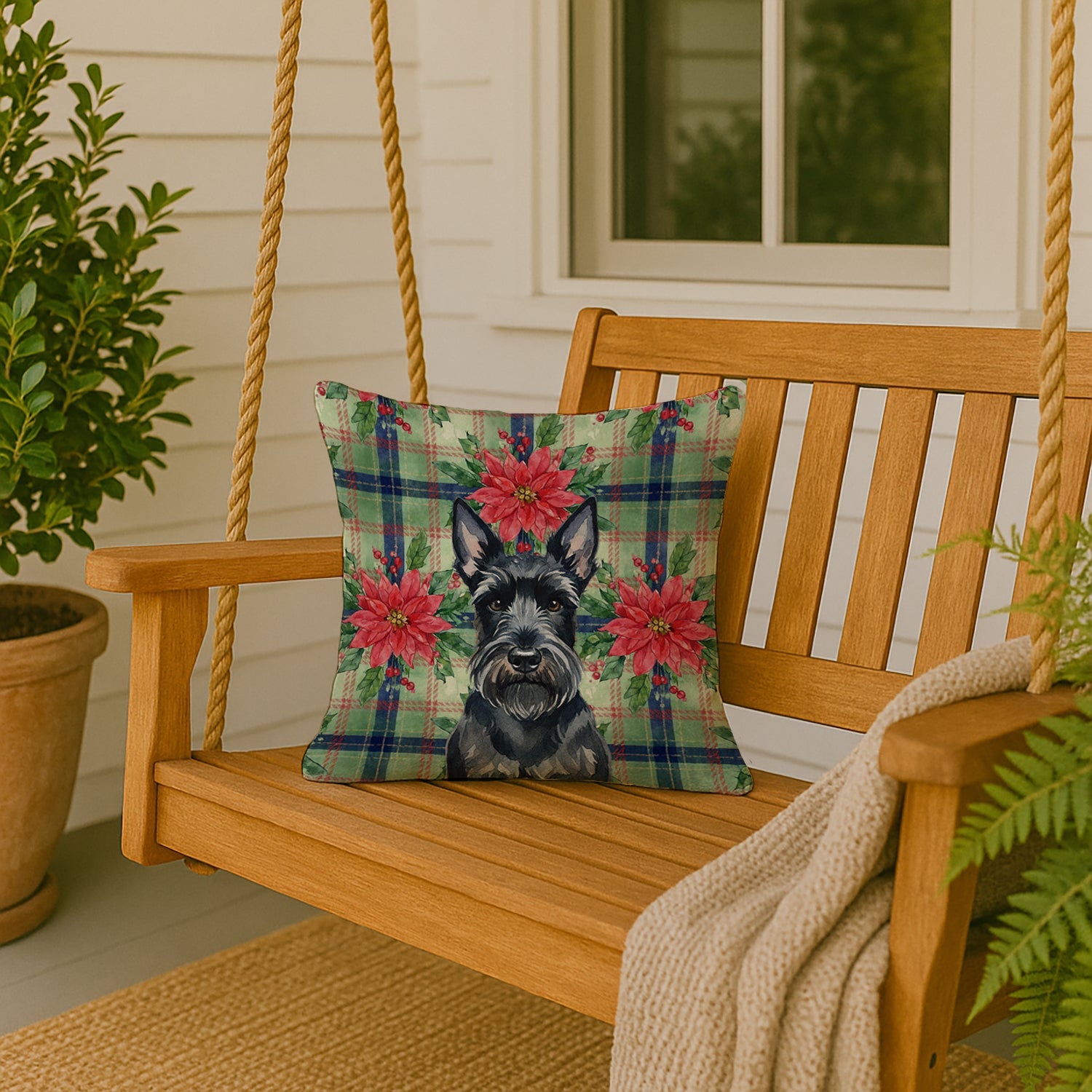 Scottish Terrier Christmas PoinsettIas Decorative Throw Pillow 18x18 Indoor Outdoor Accent Cushion, Fabric Cover with Insert for Sofa, Bed, Porch & Living Room