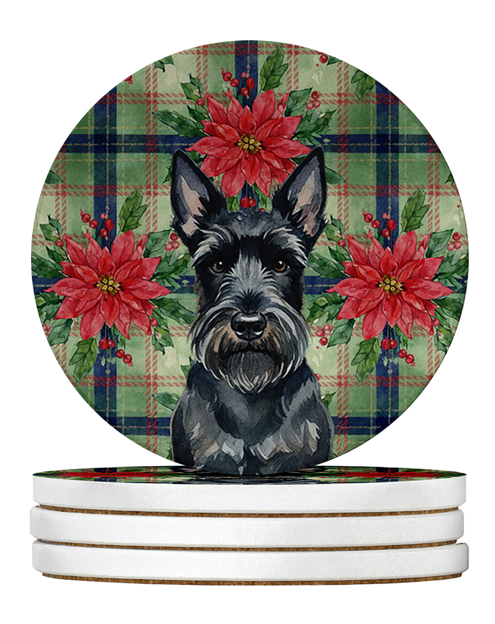Scottish Terrier Christmas PoinsettIas Large Sandstone Coasters Pack of 4 Absorbent Round Coasters Decor Gifts for Men or Women, 4 in, Multicolor