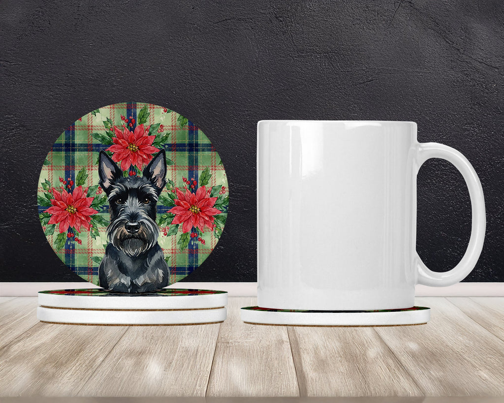 Scottish Terrier Christmas PoinsettIas Large Sandstone Coasters Pack of 4 Absorbent Round Coasters Decor Gifts for Men or Women, 4 in, Multicolor