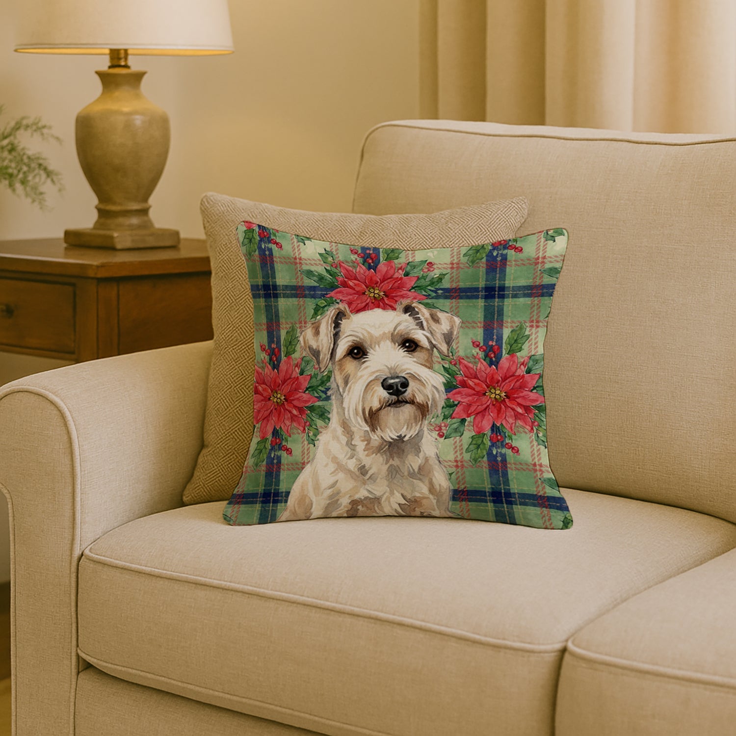 Sealyham Terrier Christmas PoinsettIas Decorative Throw Pillow 18x18 Indoor Outdoor Accent Cushion, Fabric Cover with Insert for Sofa, Bed, Porch & Living Room