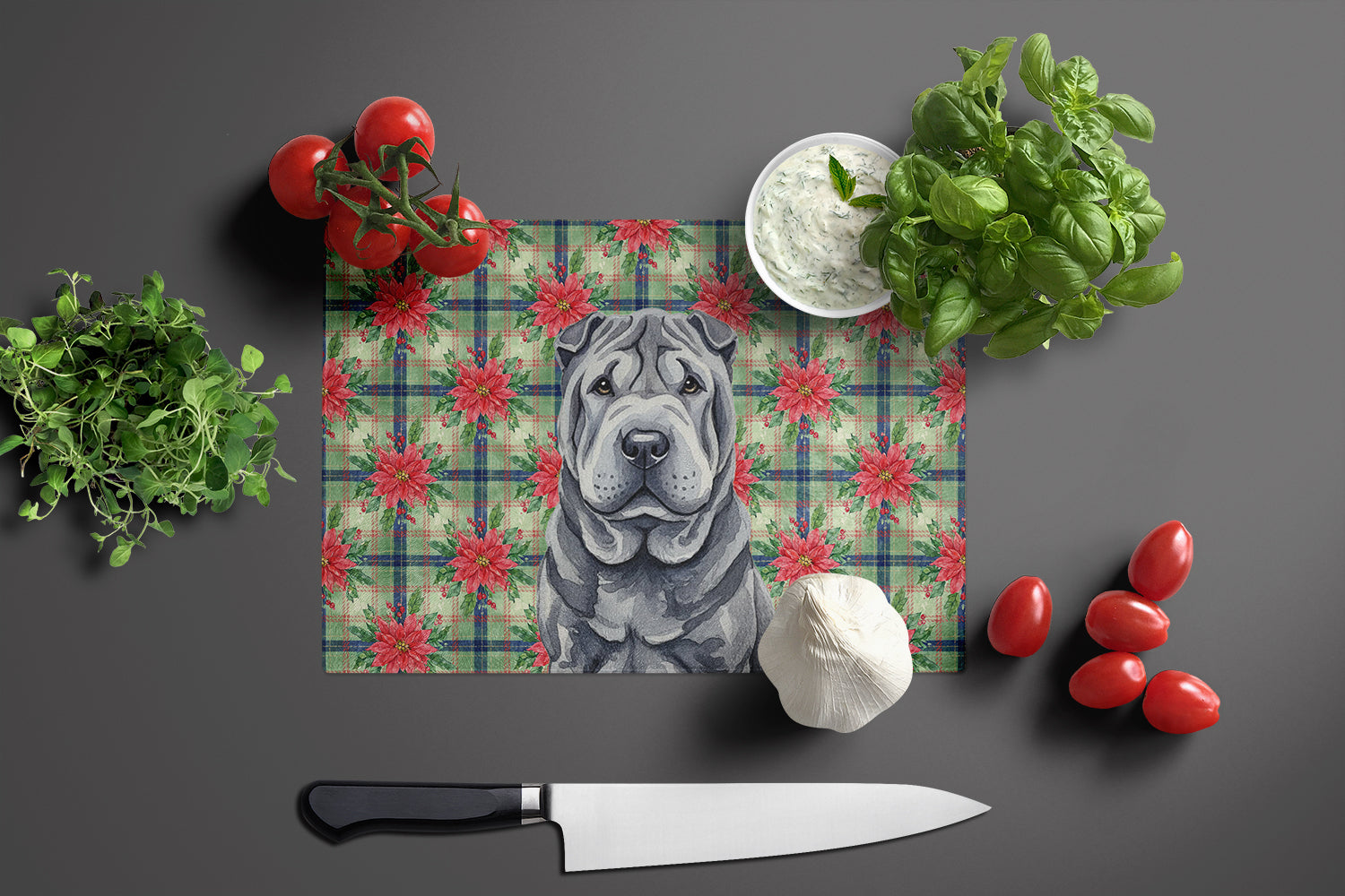 Black Shar Pei Christmas PoinsettIas Cutting Board Tempered Glass Kitchen Cutting Surface, Heat Resistant Chopping, Non-Slip Feet, Food Prep & Serving