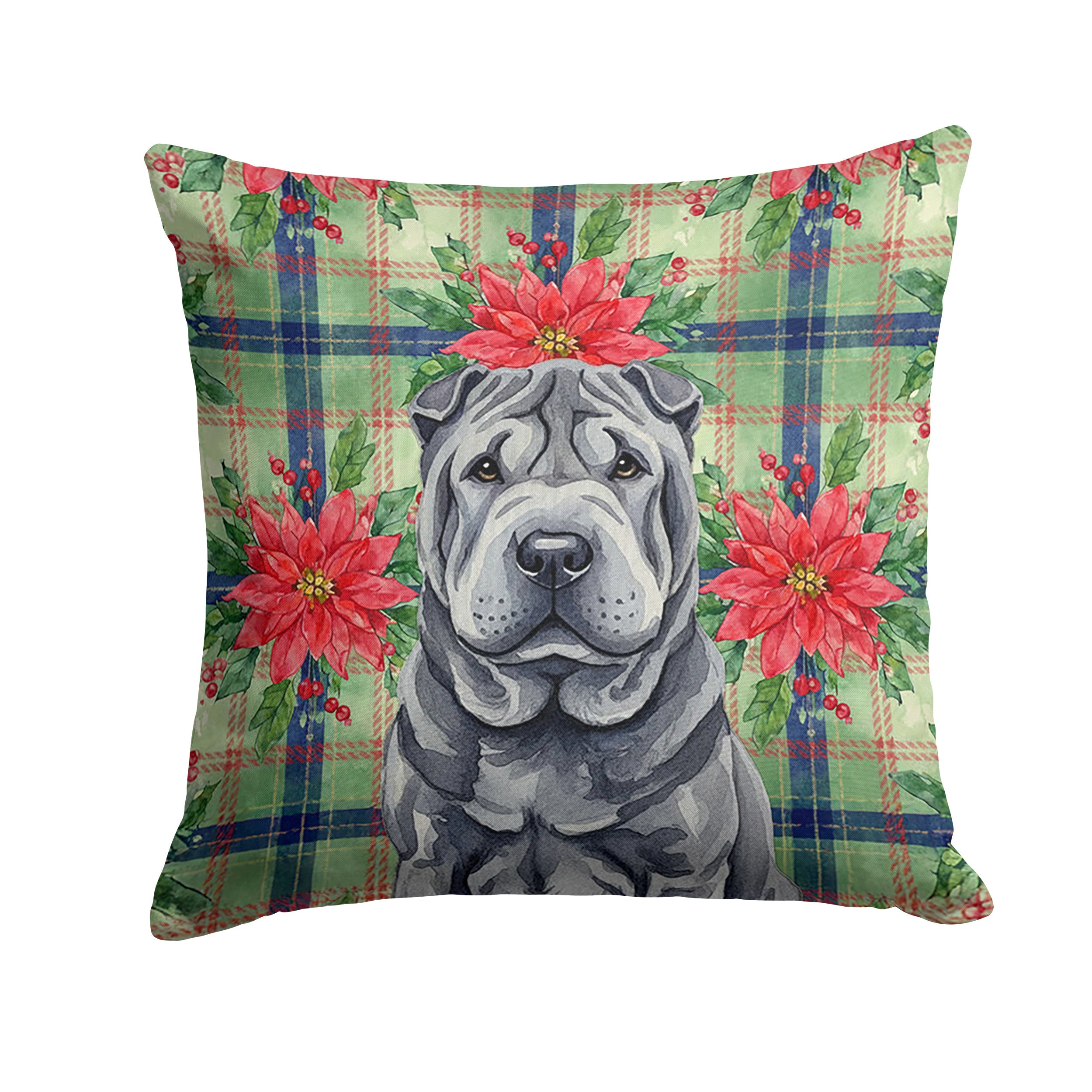 Black Shar Pei Christmas PoinsettIas Decorative Throw Pillow 18x18 Indoor Outdoor Accent Cushion, Fabric Cover with Insert for Sofa, Bed, Porch & Living Room