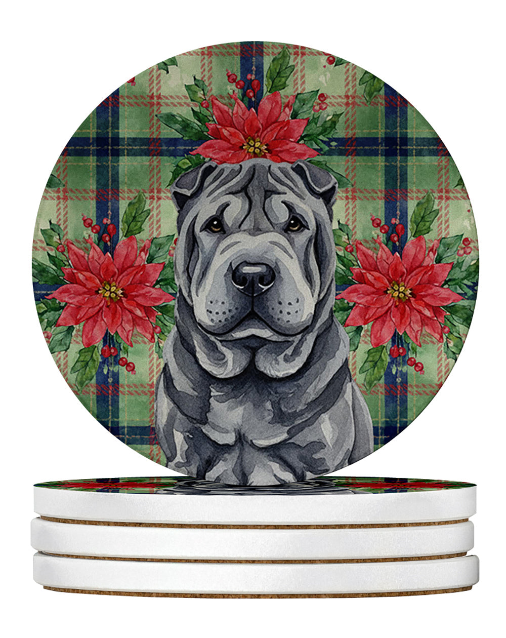 Black Shar Pei Christmas PoinsettIas Large Sandstone Coasters Pack of 4 Absorbent Round Coasters Decor Gifts for Men or Women, 4 in, Multicolor