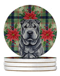 Black Shar Pei Christmas PoinsettIas Large Sandstone Coasters Pack of 4 Absorbent Round Coasters Decor Gifts for Men or Women, 4 in, Multicolor