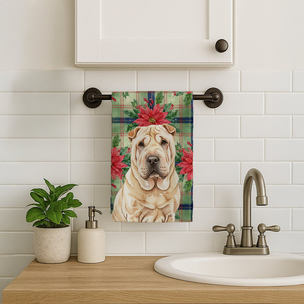 Shar Pei Christmas PoinsettIas Kitchen Towel Velour Plush Front and Cotton Loop Back Machine Washable