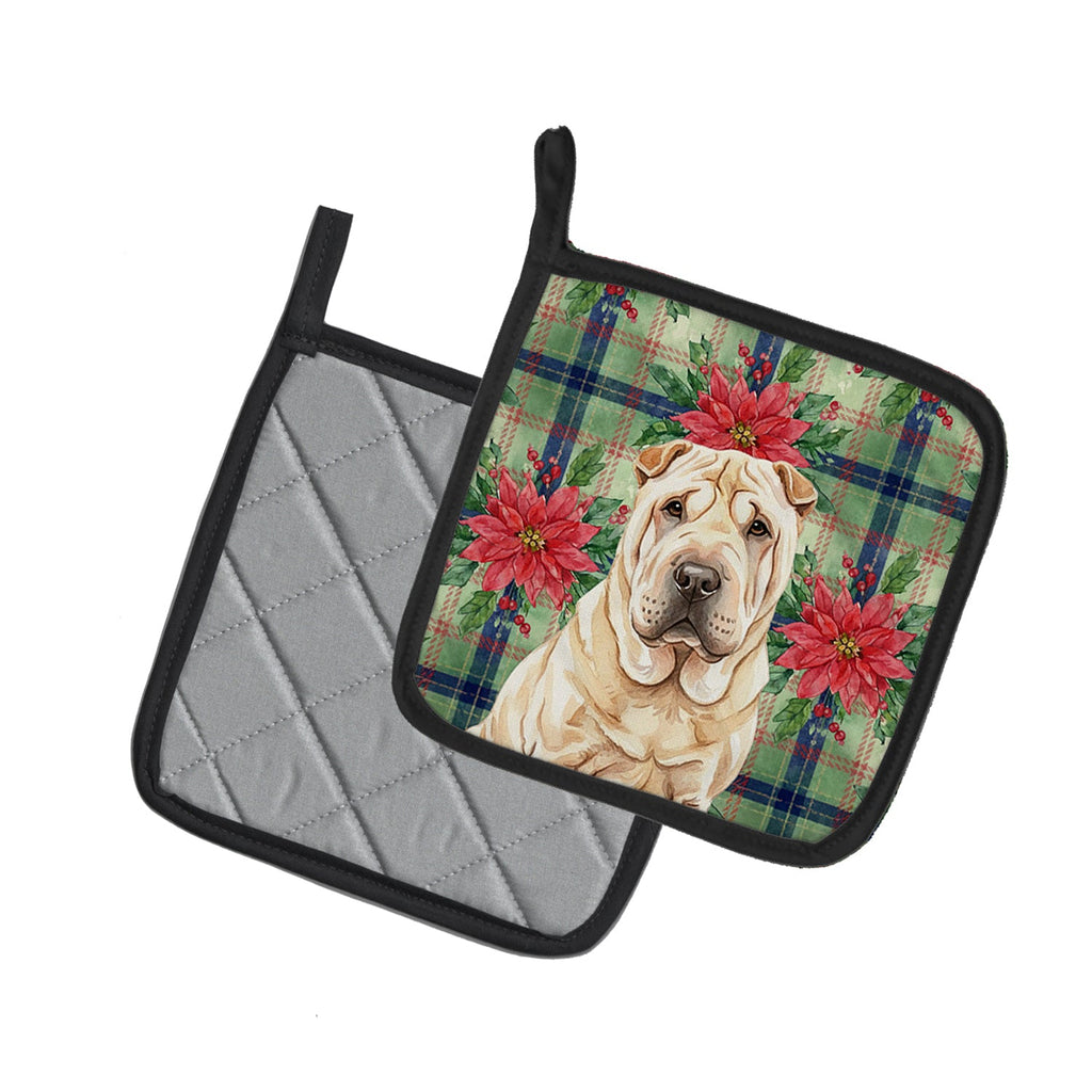 Shar Pei Christmas PoinsettIas Pot Holder Set of 2 Heat Resistant Quilted Hot Pads 7.5 x 7.5 Inch, Insulated Kitchen Trivets for Cooking & Baking
