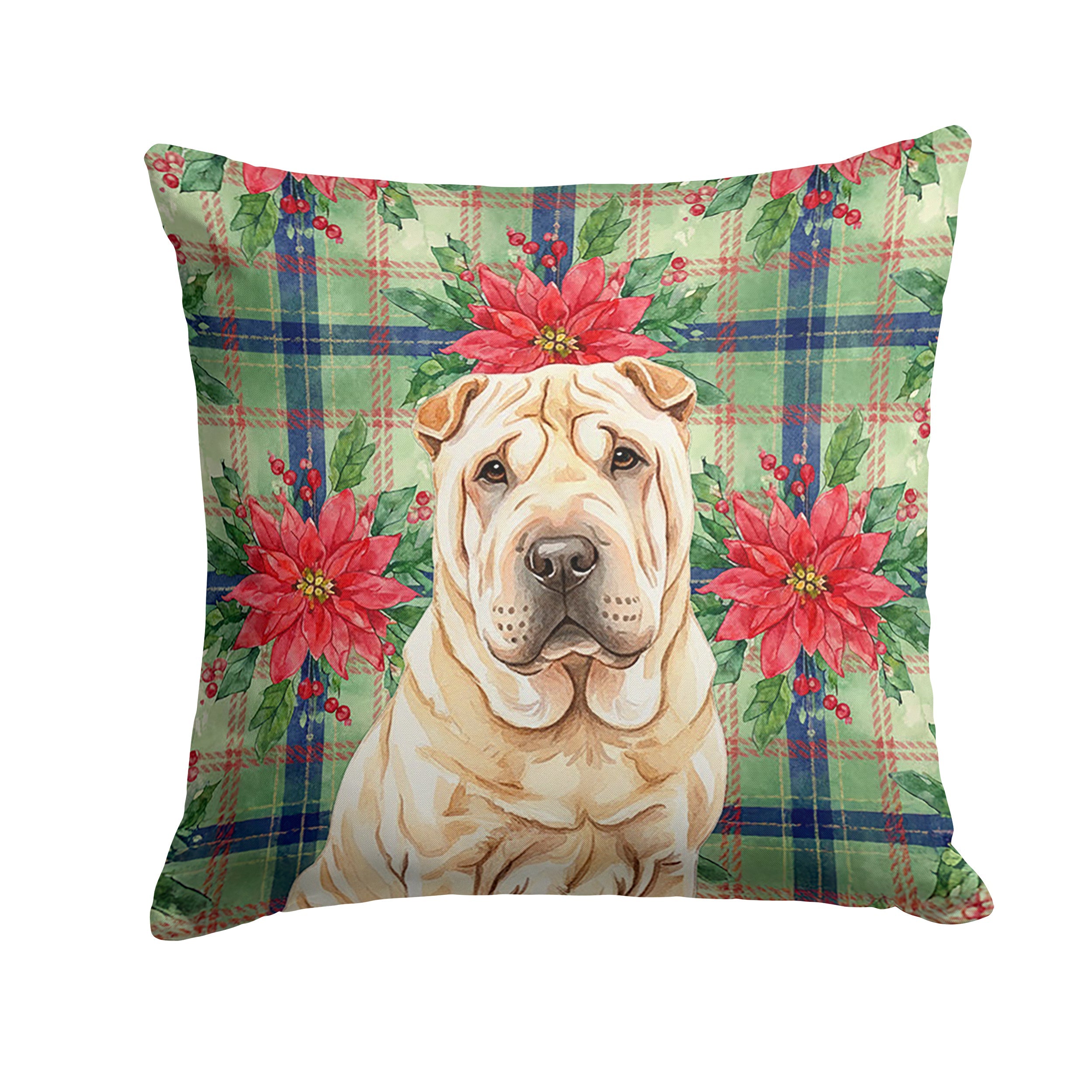 Shar Pei Christmas PoinsettIas Decorative Throw Pillow 14x14 Indoor Outdoor Accent Cushion, Fabric Cover with Insert for Sofa, Bed, Porch & Living Room