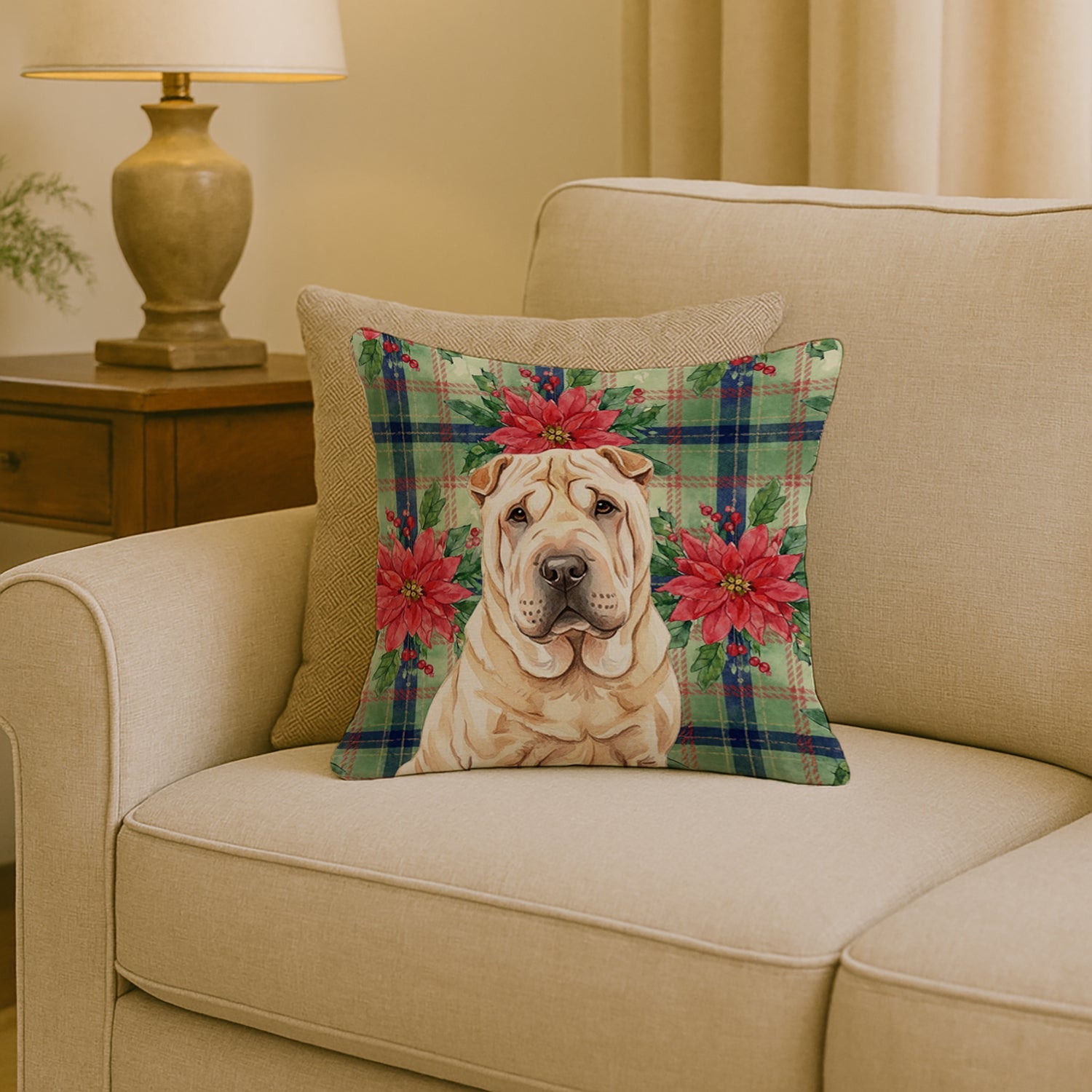 Shar Pei Christmas PoinsettIas Decorative Throw Pillow 18x18 Indoor Outdoor Accent Cushion, Fabric Cover with Insert for Sofa, Bed, Porch & Living Room