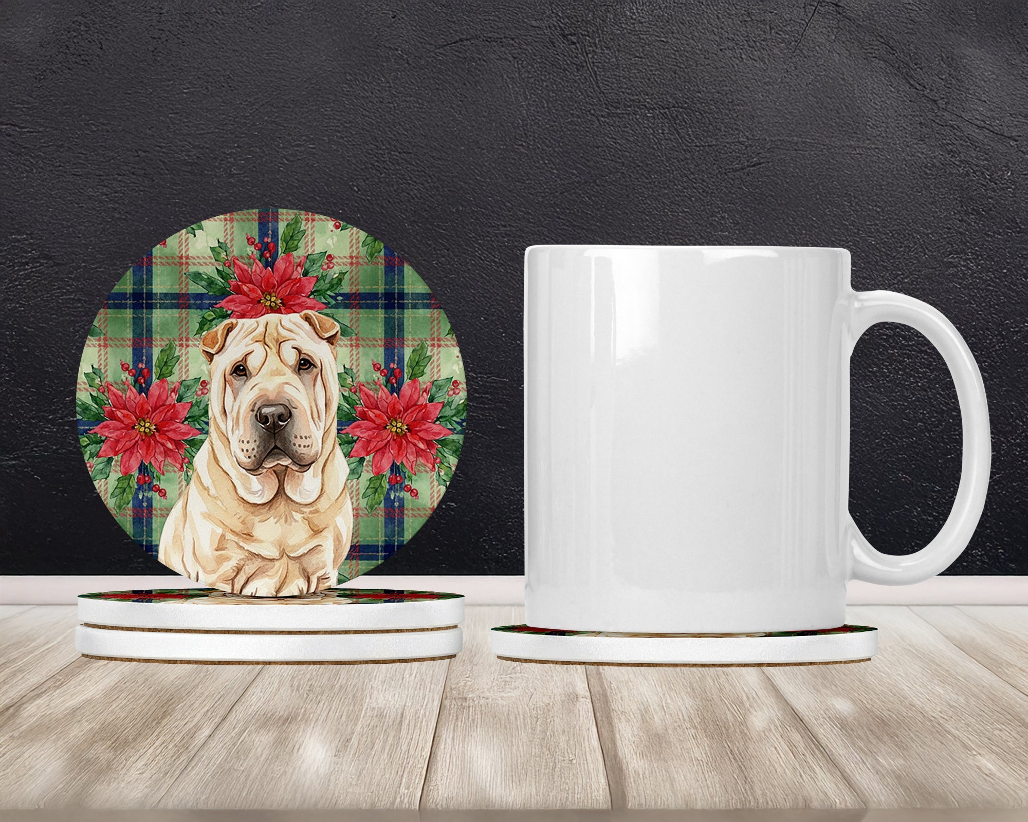 Shar Pei Christmas PoinsettIas Large Sandstone Coasters Pack of 4 Absorbent Round Coasters Decor Gifts for Men or Women, 4 in, Multicolor