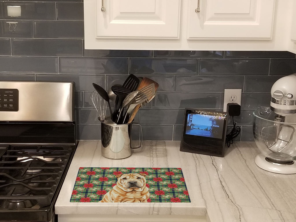 Red Shar Pei Christmas PoinsettIas Cutting Board Tempered Glass Kitchen Cutting Surface, Heat Resistant Chopping, Non-Slip Feet, Food Prep & Serving