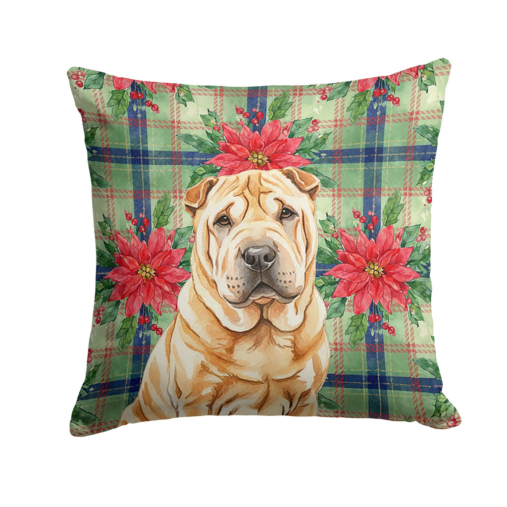 Red Shar Pei Christmas PoinsettIas Decorative Throw Pillow 18x18 Indoor Outdoor Accent Cushion, Fabric Cover with Insert for Sofa, Bed, Porch & Living Room