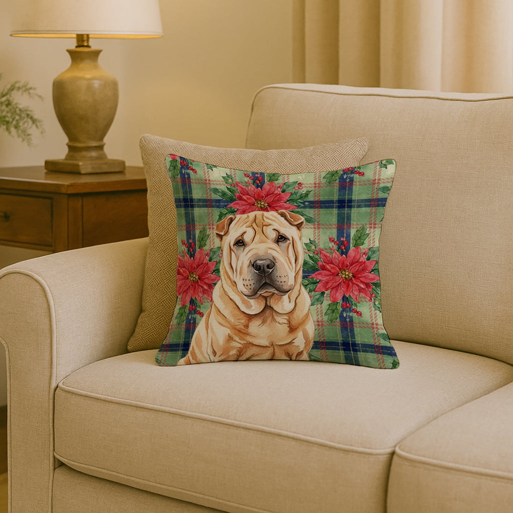 Red Shar Pei Christmas PoinsettIas Decorative Throw Pillow 18x18 Indoor Outdoor Accent Cushion, Fabric Cover with Insert for Sofa, Bed, Porch & Living Room
