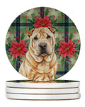 Red Shar Pei Christmas PoinsettIas Large Sandstone Coasters Pack of 4 Absorbent Round Coasters Decor Gifts for Men or Women, 4 in, Multicolor