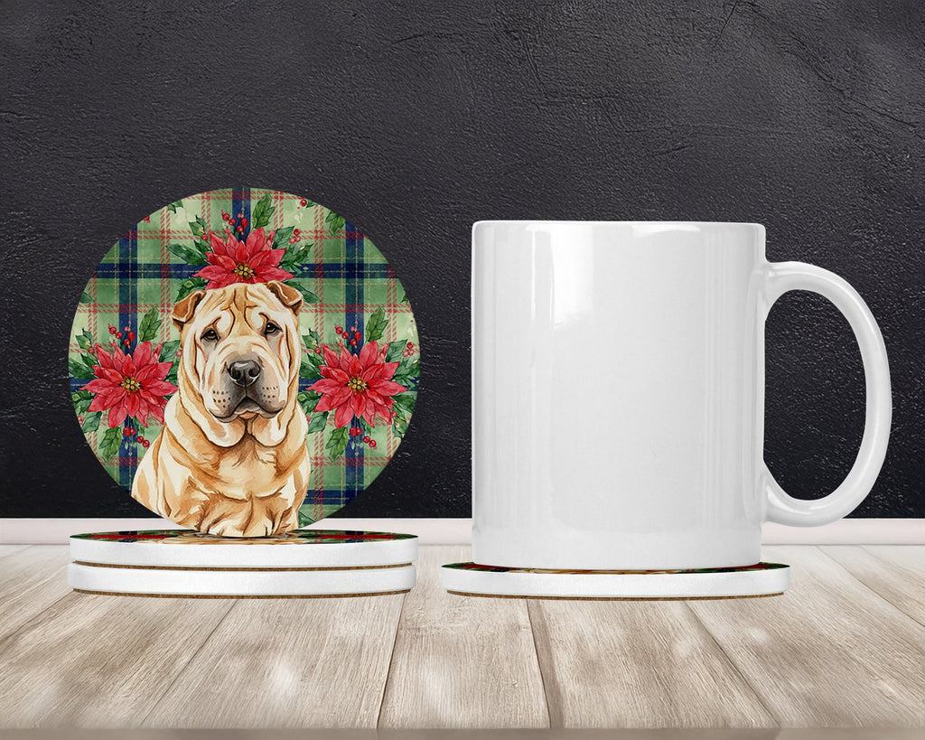 Red Shar Pei Christmas PoinsettIas Large Sandstone Coasters Pack of 4 Absorbent Round Coasters Decor Gifts for Men or Women, 4 in, Multicolor