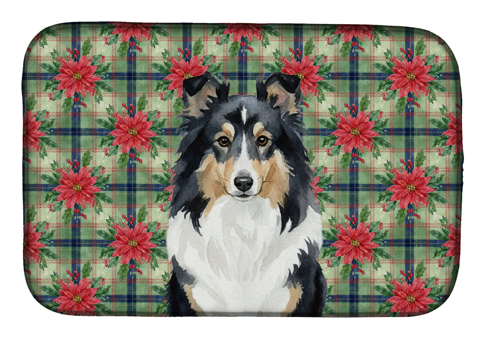 Tricolor Sheltie Christmas PoinsettIas Dish Drying Mat Absorbent Dish Drying Mat Pad for Kitchen Counter Dish Drainer Mat for Countertop, 14 x 21", Multicolor