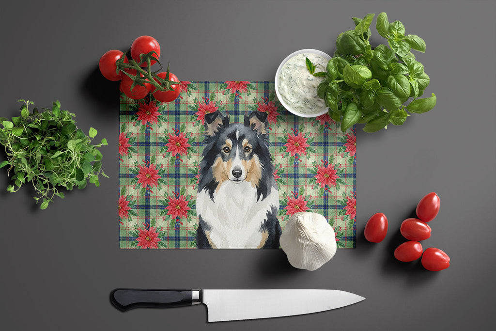 Tricolor Sheltie Christmas PoinsettIas Cutting Board Tempered Glass Kitchen Cutting Surface, Heat Resistant Chopping, Non-Slip Feet, Food Prep & Serving