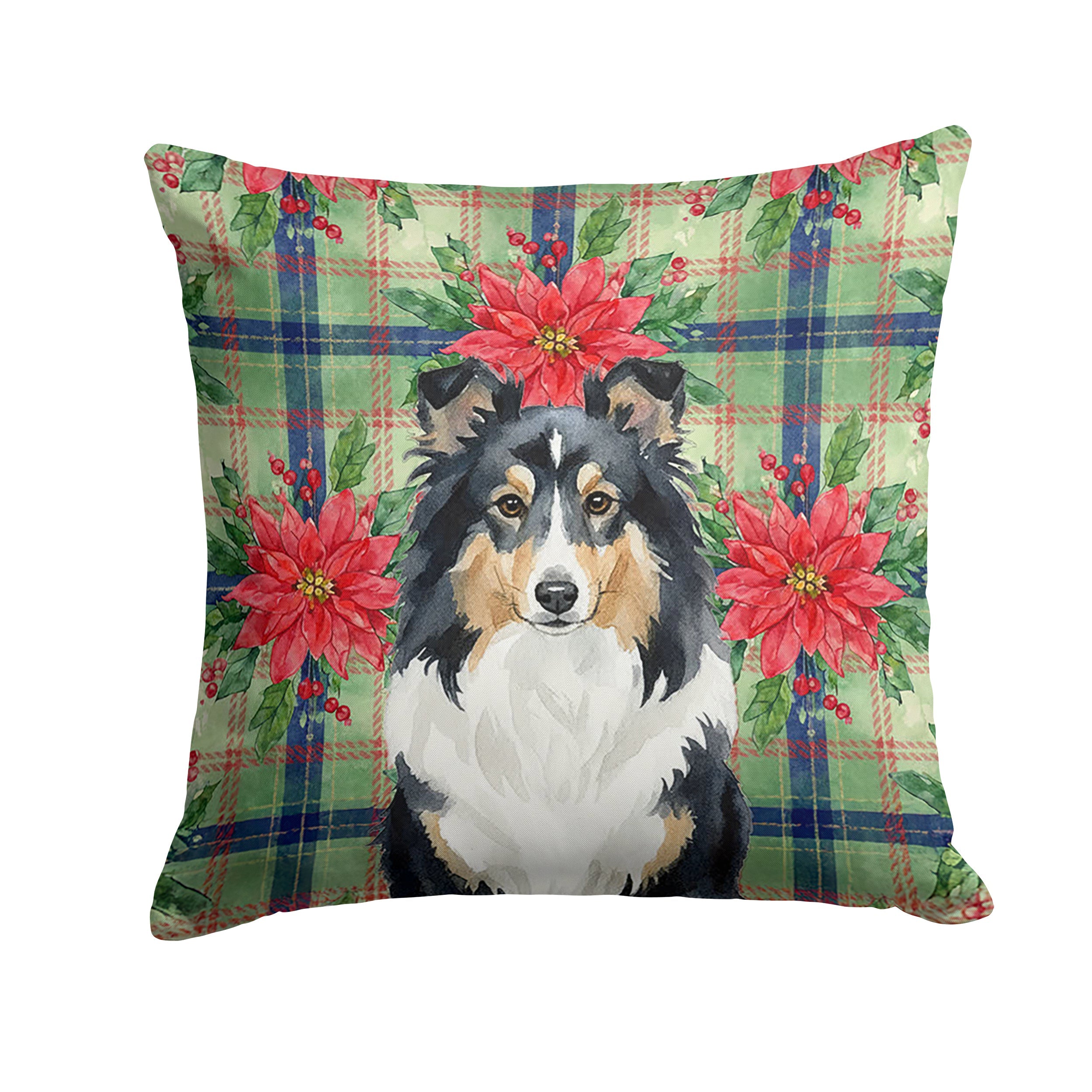 Tricolor Sheltie Christmas PoinsettIas Decorative Throw Pillow 14x14 Indoor Outdoor Accent Cushion, Fabric Cover with Insert for Sofa, Bed, Porch & Living Room