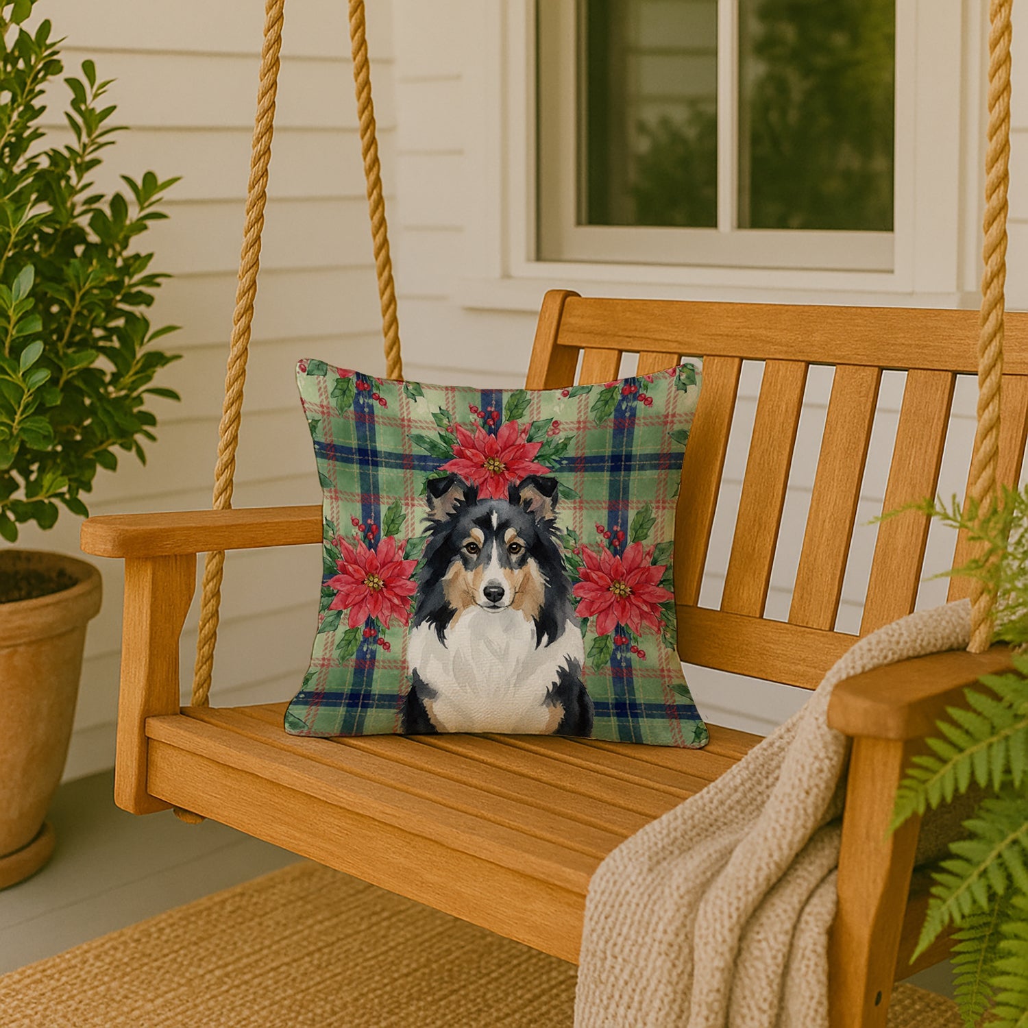 Tricolor Sheltie Christmas PoinsettIas Decorative Throw Pillow 18x18 Indoor Outdoor Accent Cushion, Fabric Cover with Insert for Sofa, Bed, Porch & Living Room