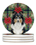Tricolor Sheltie Christmas PoinsettIas Large Sandstone Coasters Pack of 4 Absorbent Round Coasters Decor Gifts for Men or Women, 4 in, Multicolor