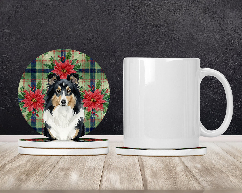 Tricolor Sheltie Christmas PoinsettIas Large Sandstone Coasters Pack of 4 Absorbent Round Coasters Decor Gifts for Men or Women, 4 in, Multicolor