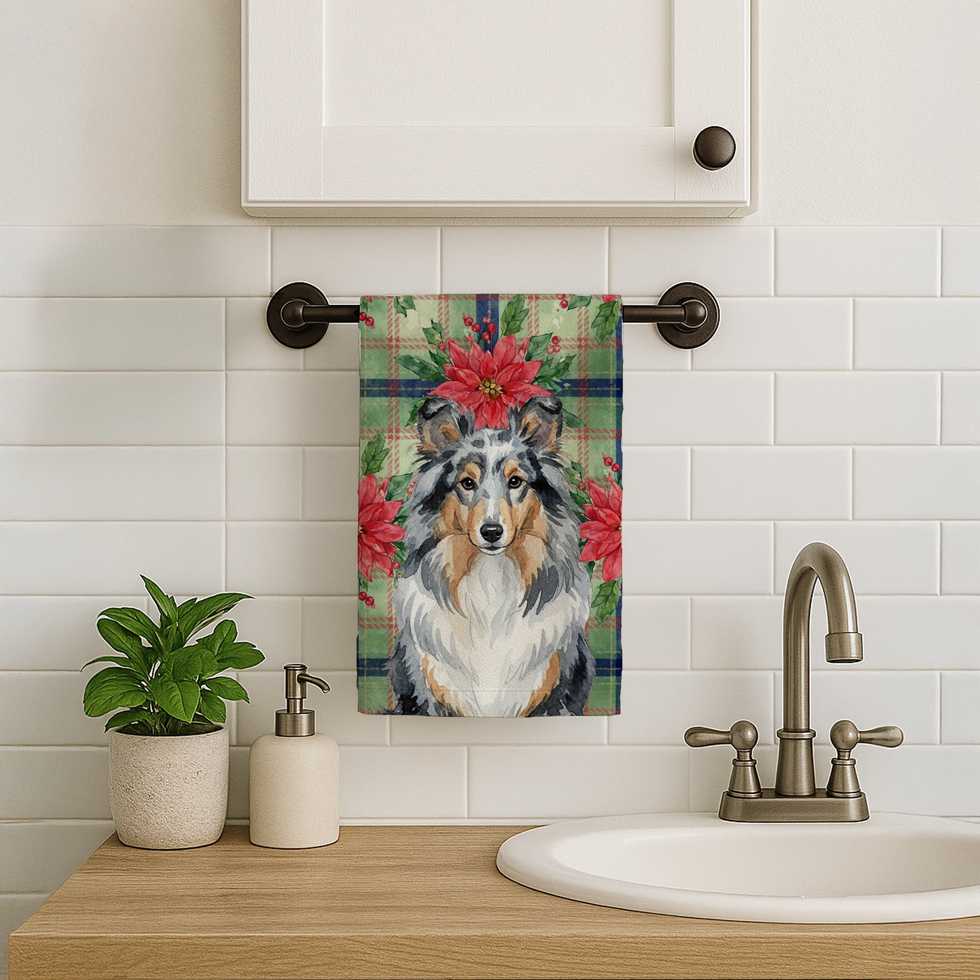 Blue Merle Sheltie Christmas PoinsettIas Kitchen Towel Velour Plush Front and Cotton Loop Back Machine Washable