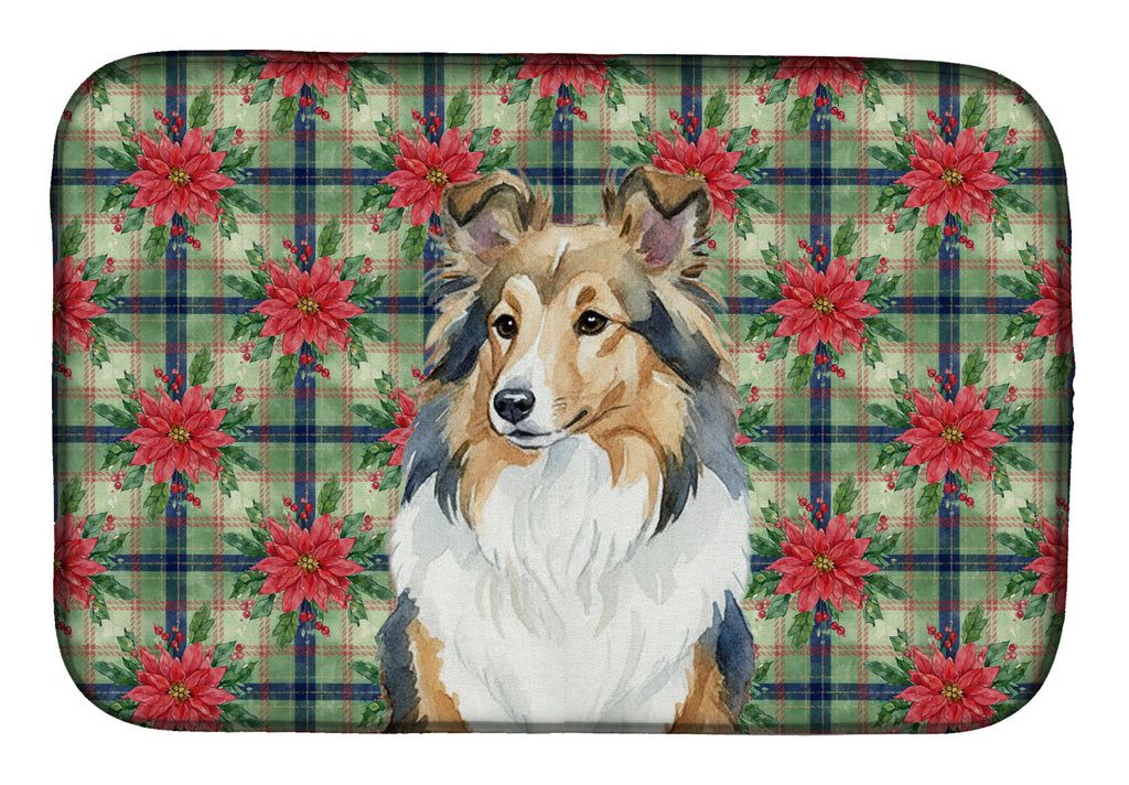 Sable Sheltie Christmas PoinsettIas Dish Drying Mat Absorbent Dish Drying Mat Pad for Kitchen Counter Dish Drainer Mat for Countertop, 14 x 21", Multicolor
