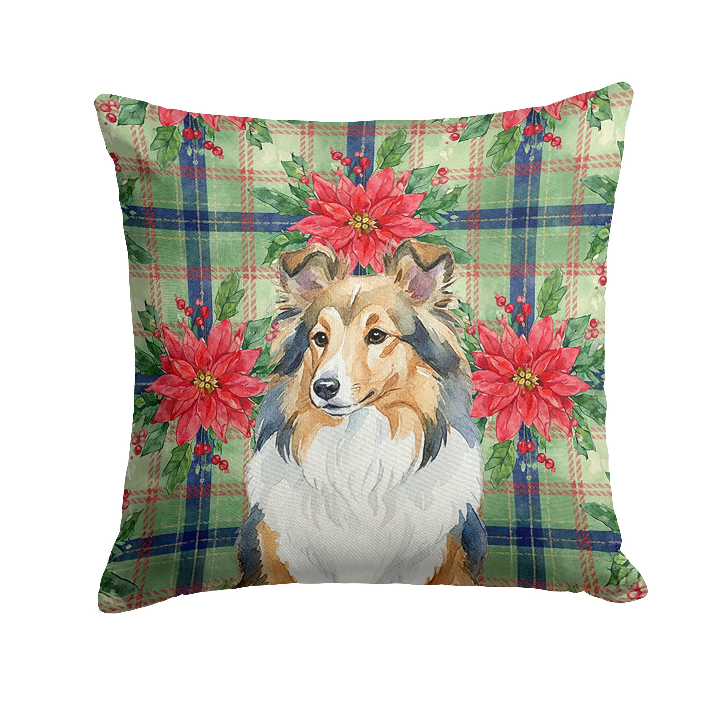 Sable Sheltie Christmas PoinsettIas Decorative Throw Pillow 14x14 Indoor Outdoor Accent Cushion, Fabric Cover with Insert for Sofa, Bed, Porch & Living Room