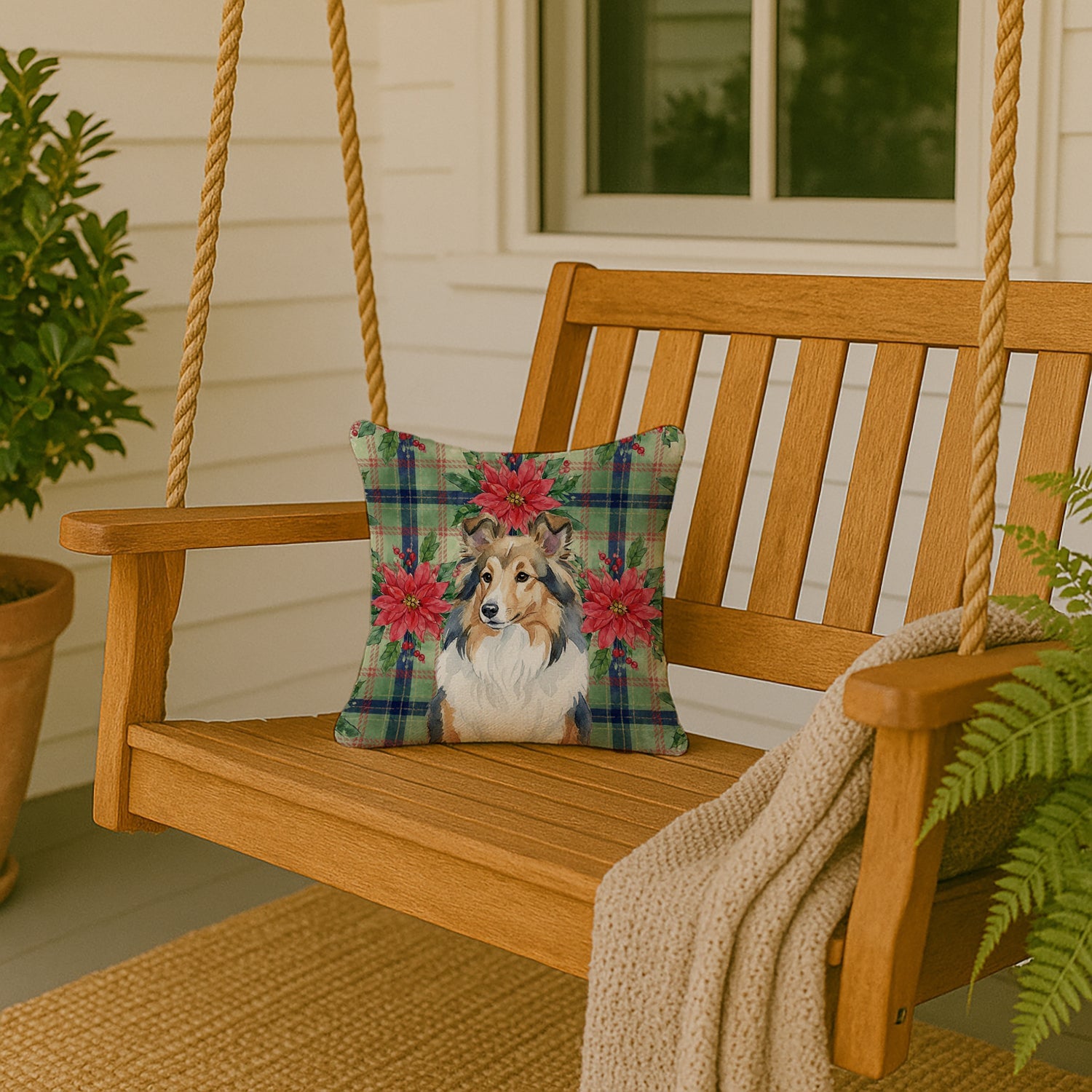 Sable Sheltie Christmas PoinsettIas Decorative Throw Pillow 14x14 Indoor Outdoor Accent Cushion, Fabric Cover with Insert for Sofa, Bed, Porch & Living Room