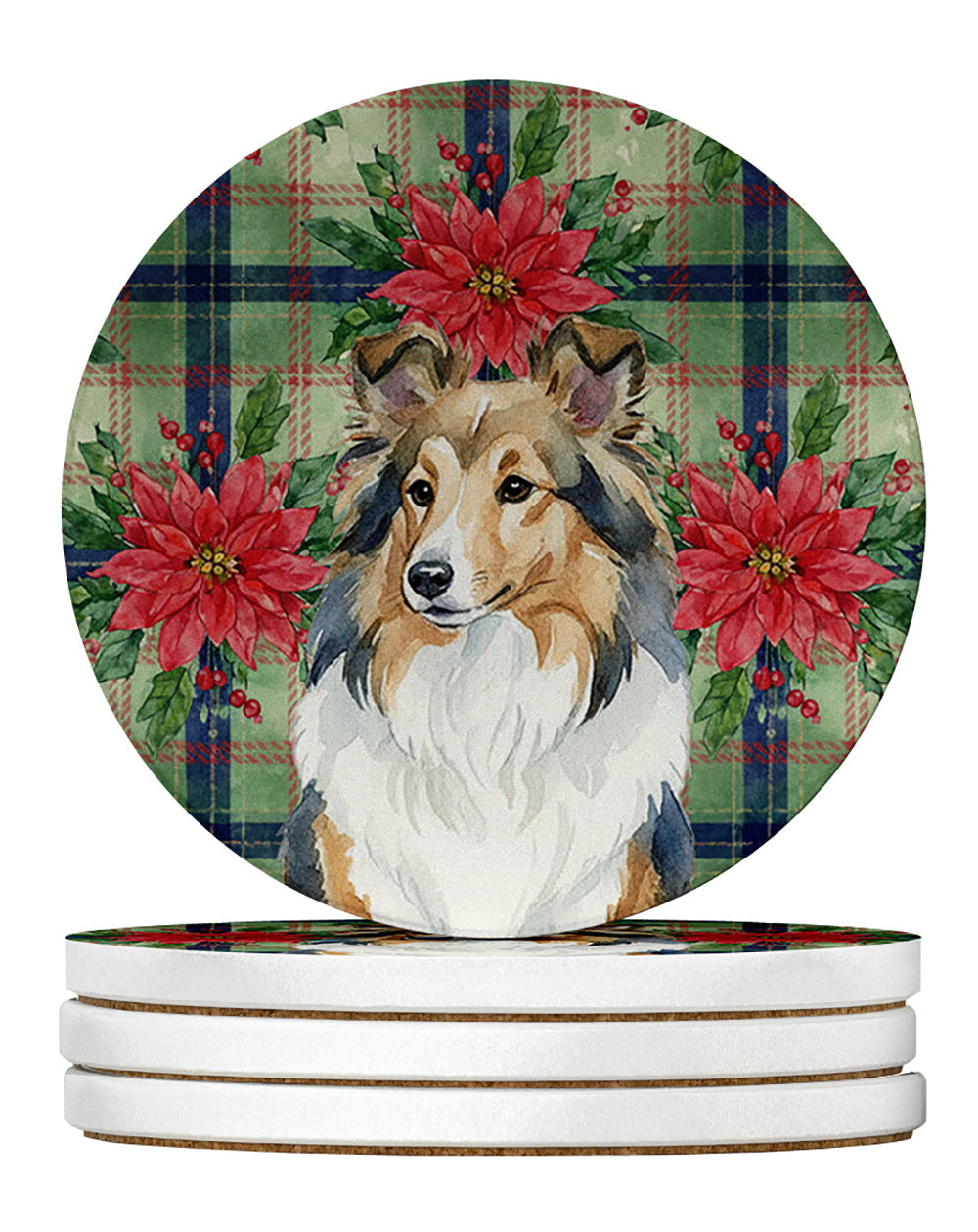 Sable Sheltie Christmas PoinsettIas Large Sandstone Coasters Pack of 4 Absorbent Round Coasters Decor Gifts for Men or Women, 4 in, Multicolor