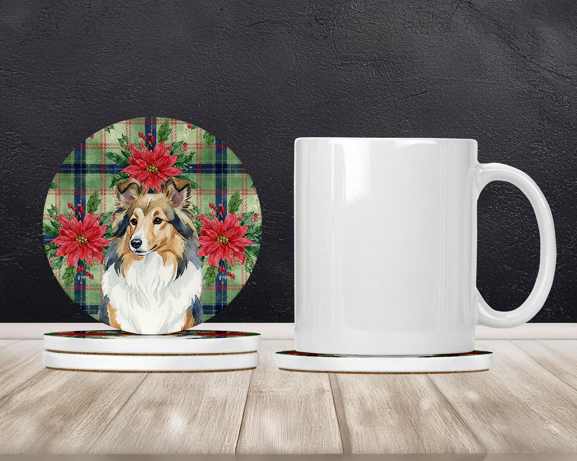 Sable Sheltie Christmas PoinsettIas Large Sandstone Coasters Pack of 4 Absorbent Round Coasters Decor Gifts for Men or Women, 4 in, Multicolor