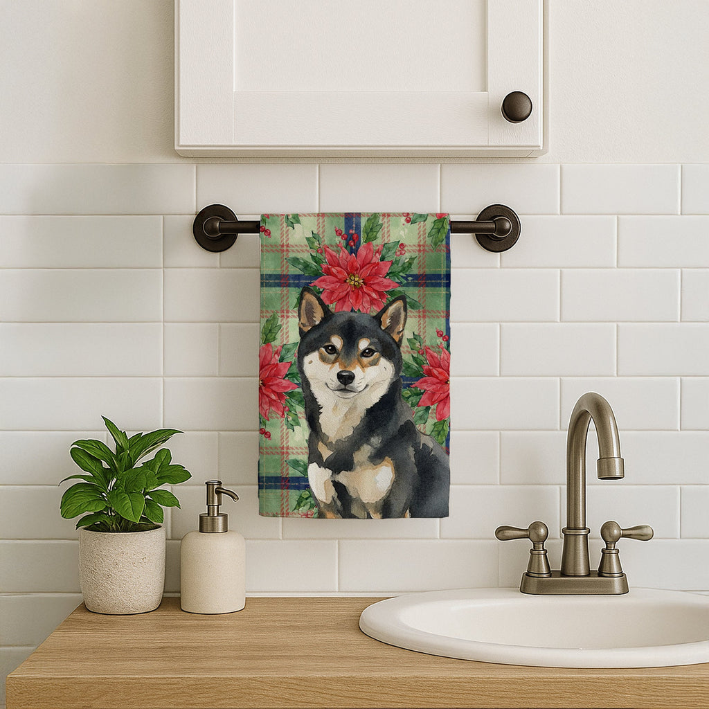 Black and Tan Shiba Inu Christmas PoinsettIas Kitchen Towel Velour Plush Front and Cotton Loop Back Machine Washable