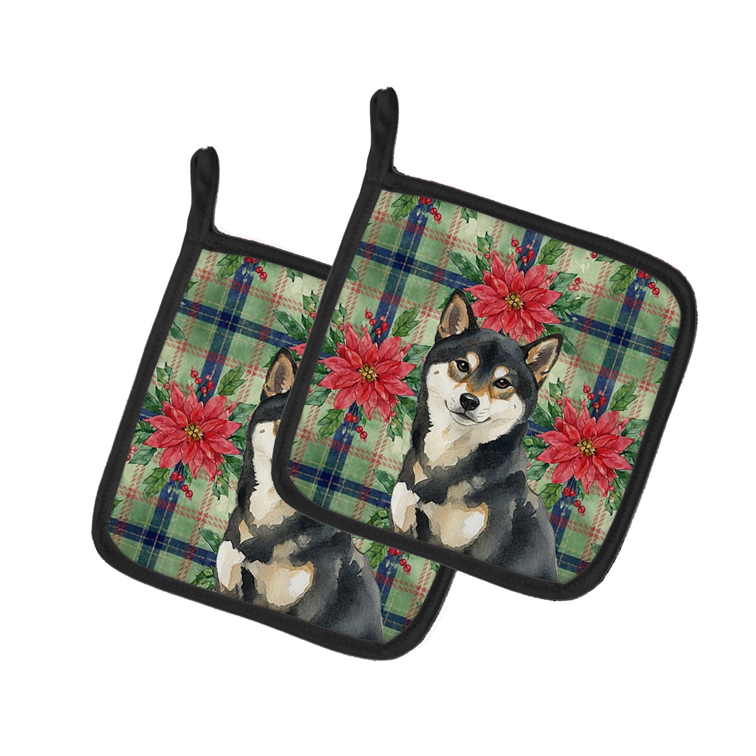 Black and Tan Shiba Inu Christmas PoinsettIas Pot Holder Set of 2 Heat Resistant Quilted Hot Pads 7.5 x 7.5 Inch, Insulated Kitchen Trivets for Cooking & Baking