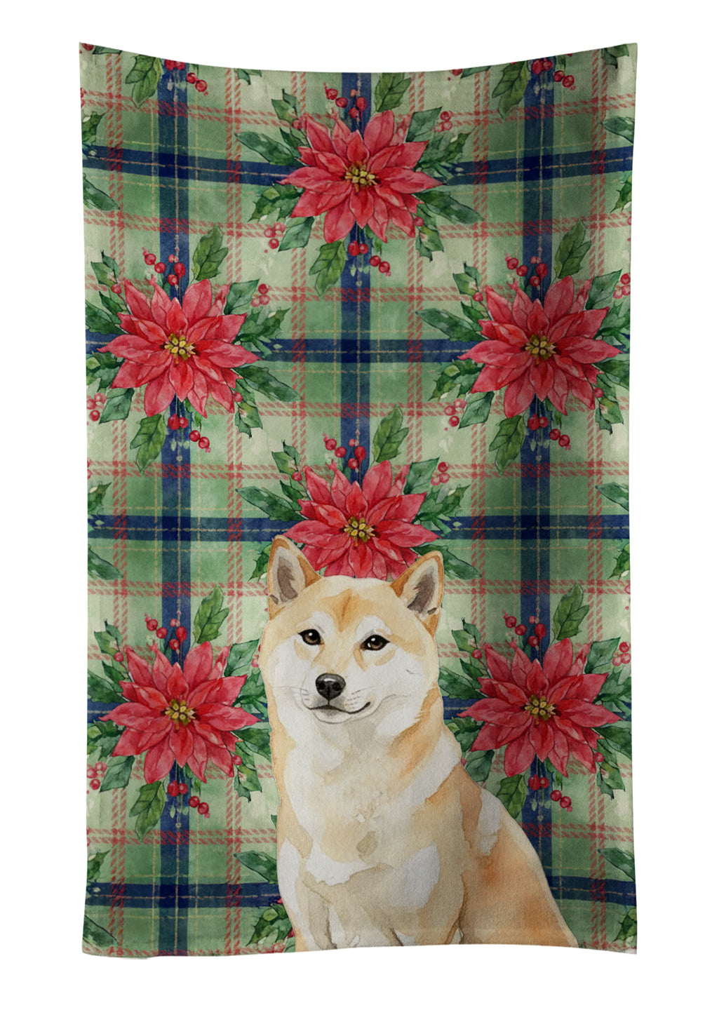 Cream Shiba Inu Christmas PoinsettIas Kitchen Towel Velour Plush Front and Cotton Loop Back Machine Washable