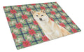 Cream Shiba Inu Christmas PoinsettIas Cutting Board Tempered Glass Kitchen Cutting Surface, Heat Resistant Chopping, Non-Slip Feet, Food Prep & Serving