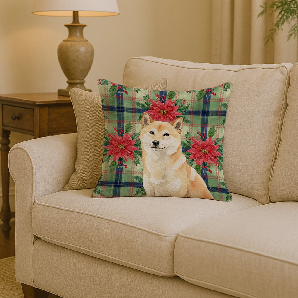 Cream Shiba Inu Christmas PoinsettIas Decorative Throw Pillow 14x14 Indoor Outdoor Accent Cushion, Fabric Cover with Insert for Sofa, Bed, Porch & Living Room