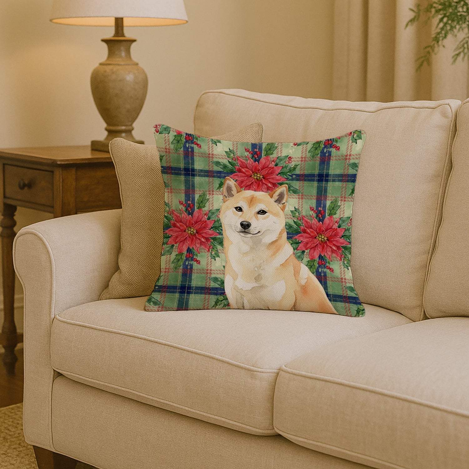 Cream Shiba Inu Christmas PoinsettIas Decorative Throw Pillow 14x14 Indoor Outdoor Accent Cushion, Fabric Cover with Insert for Sofa, Bed, Porch & Living Room