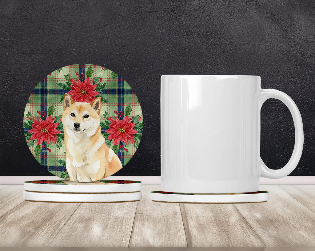 Cream Shiba Inu Christmas PoinsettIas Large Sandstone Coasters Pack of 4 Absorbent Round Coasters Decor Gifts for Men or Women, 4 in, Multicolor