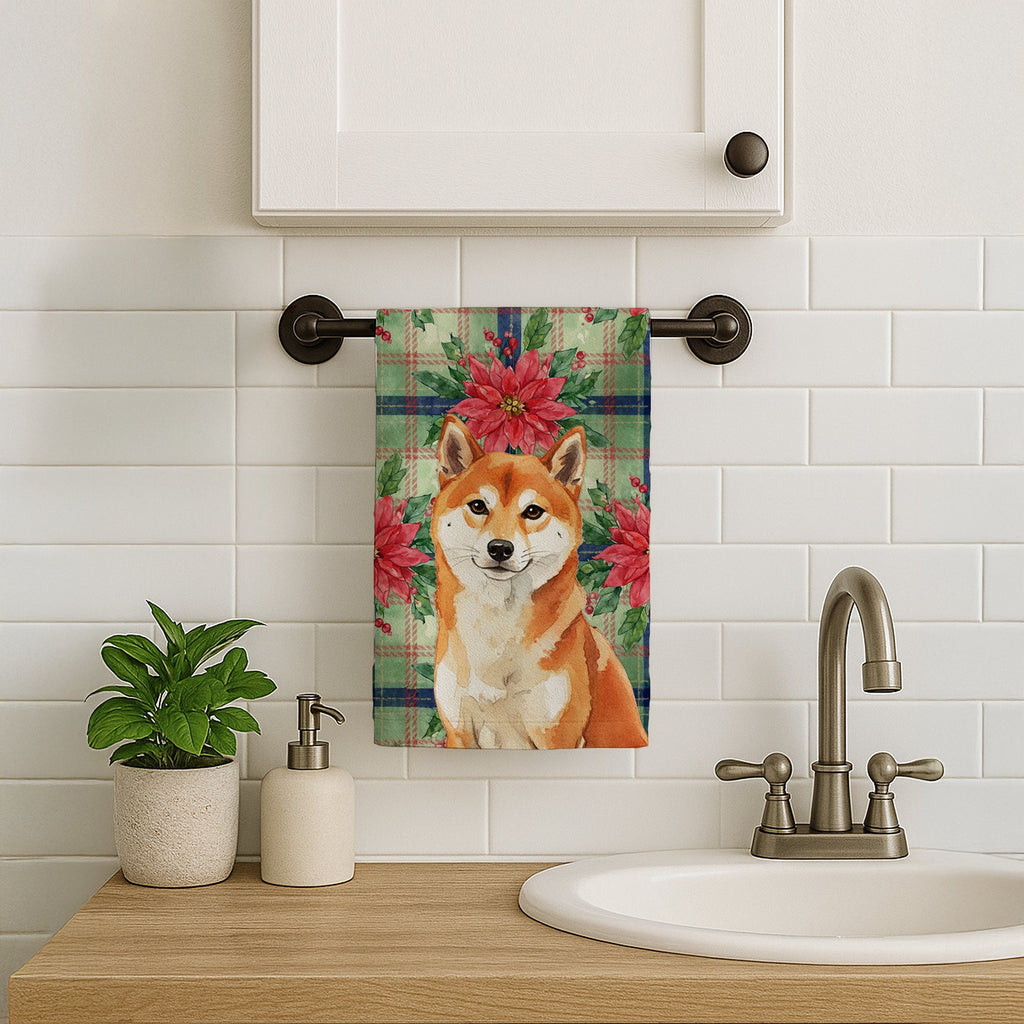 Red Shiba Inu Christmas PoinsettIas Kitchen Towel Velour Plush Front and Cotton Loop Back Machine Washable